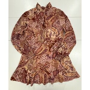 Fate Paisley Print Mini Dress Long Sleeve Tie Neck Ruffle Hem Beige Purple L 283